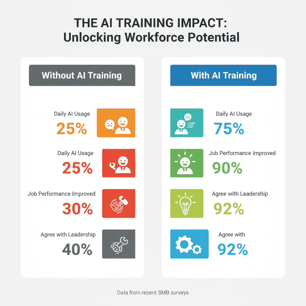 Infographic, The AI Training Impact: Unlocking Workforce Potential, based on SMB surveys. Without AI training: 25% daily AI usage, 30% improved job performance and 40% agree with leadership. With AI training: 75% daily AI usage, 90% improved job performance and 92% agree with leadership.