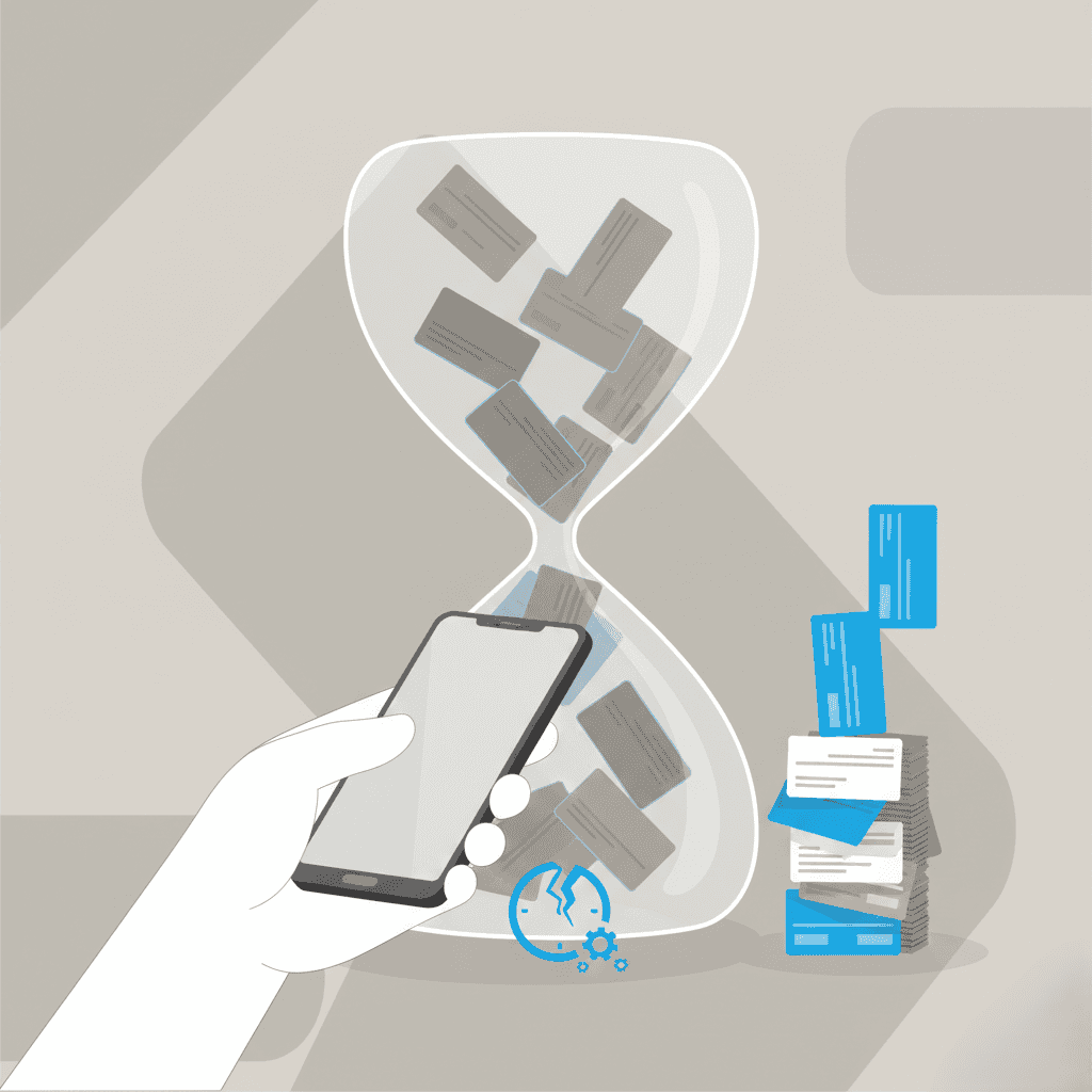 Conceptual illustration showing how Habsy Business Card Manager helps prevent lost leads by enabling faster follow-up after business card scanning.