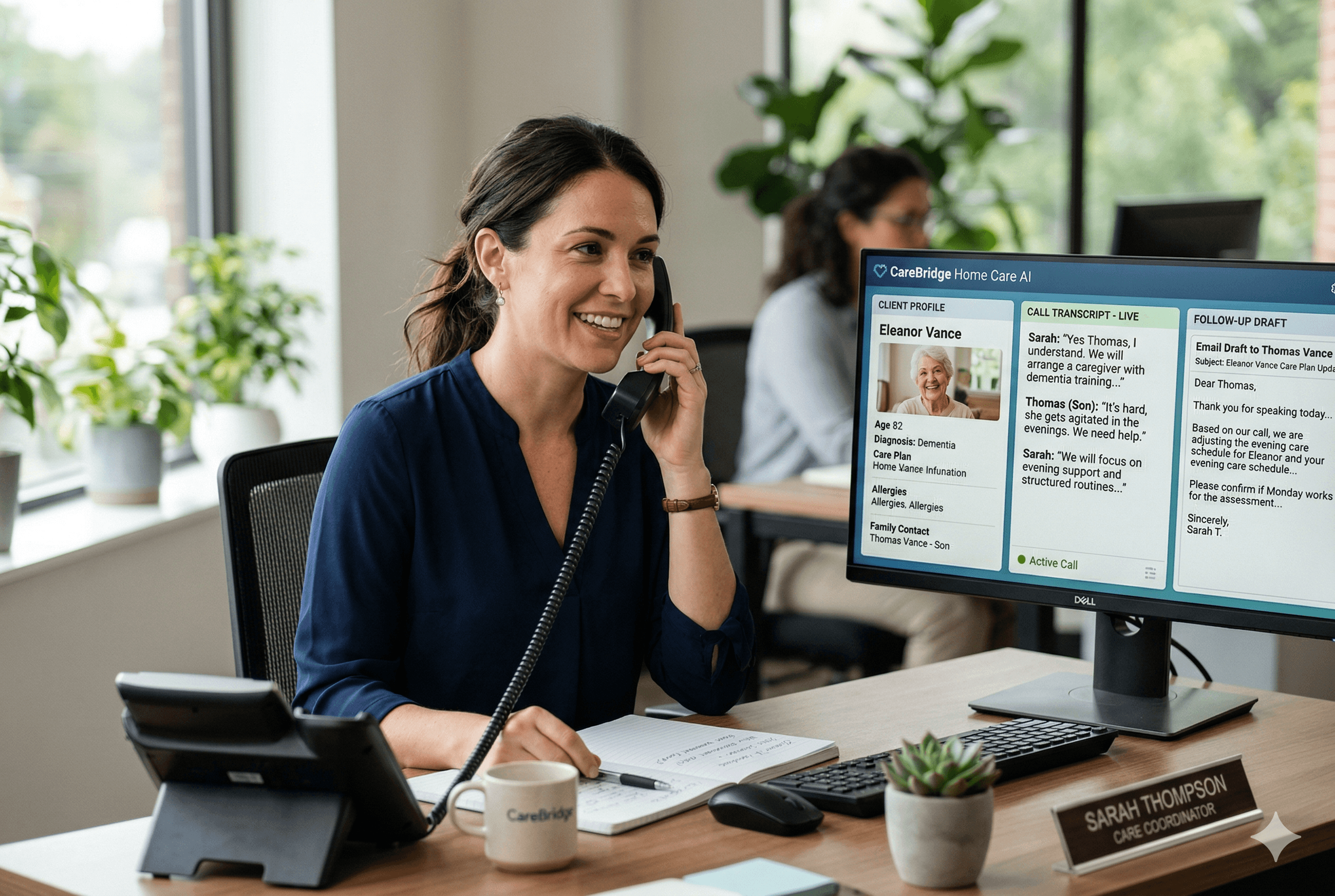 A realistic close up of a home care coordinator on the phone with a family member while AI powered home care software displays a clean client profile, call transcript, and follow up email draft on a desktop screen, calm modern workspace, professional but approachable mood. Shot on Fujifilm X T4, aspect ratio 3:2