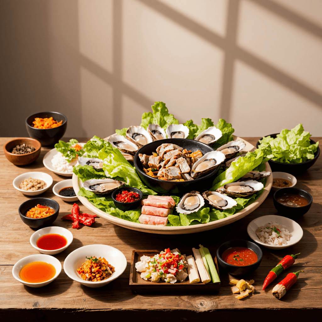 product photography of a platter of assorted Korean dishes including lettuce, sliced meat, oysters, and side dishes