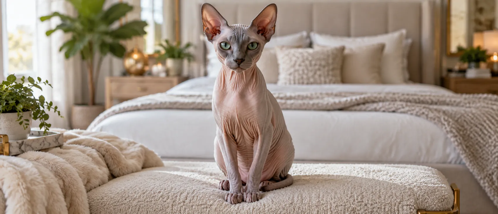 A Sphynx cat sitting on a bed.