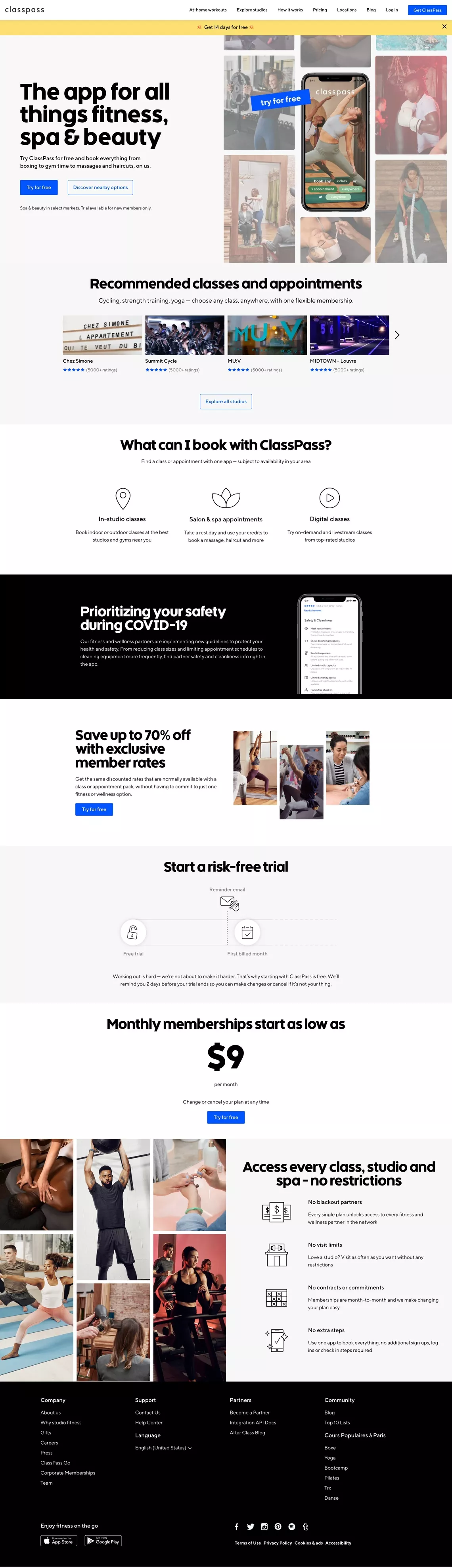 ClassPass landing page screenshot showcasing Health & Fitness and Tech design