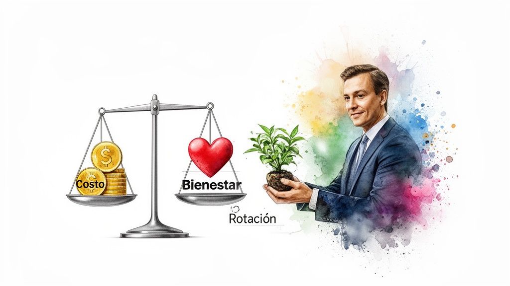 Hombre en traje sostiene planta junto a balanza que compara costo y bienestar para reducir la rotación de personal.