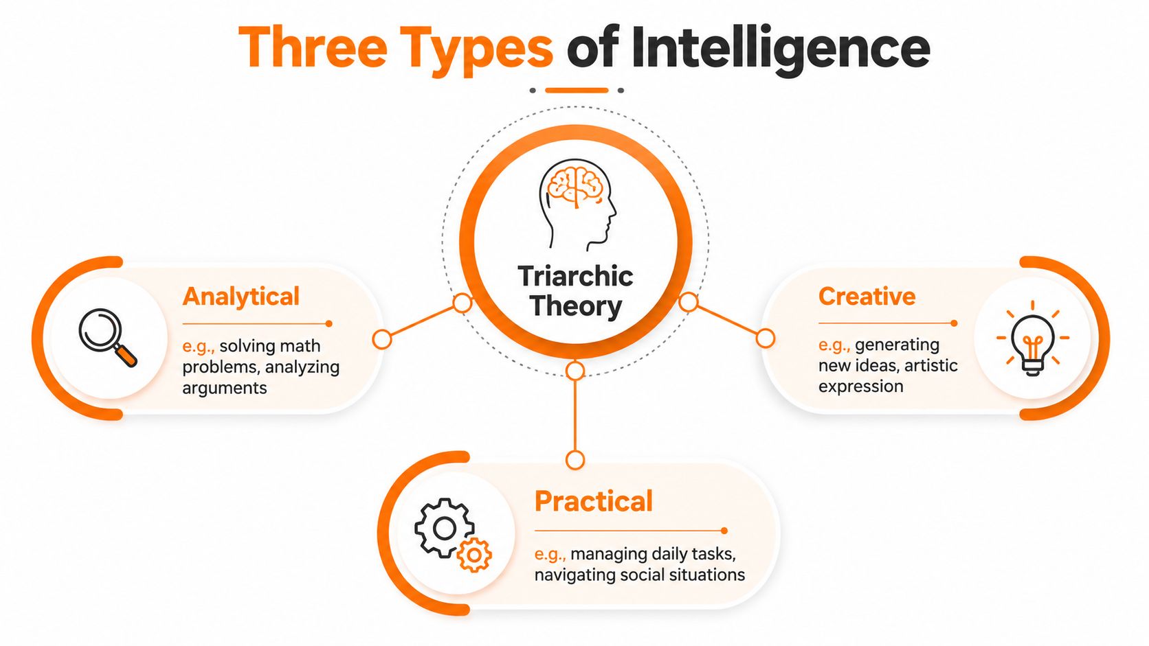 A diagram illustrating Sternberg's Triarchic Theory of Intelligence, featuring analytical, creative, and practical intelligence categories.