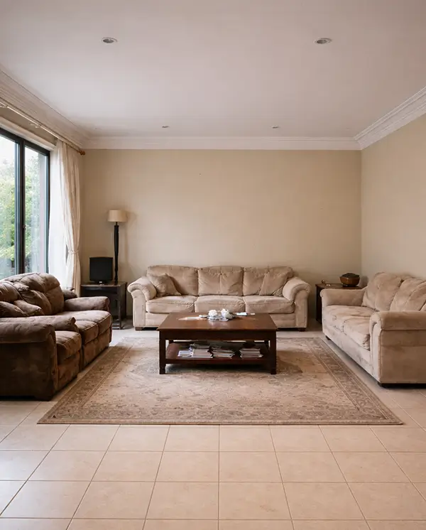 Σαλόνι πριν την ανακαίνιση με παλιά επίπλωση, φθαρμένους τοίχους και χαμηλή αισθητική