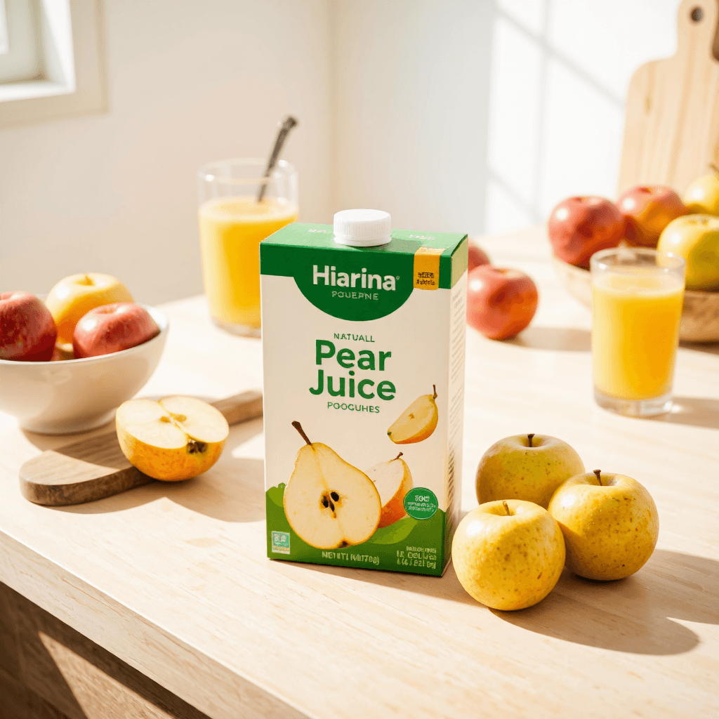 product photography of a box of pear juice pouches