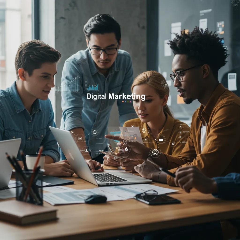 Dynamic team of digital marketing experts strategizing and collaborating in a modern, vibrant office space