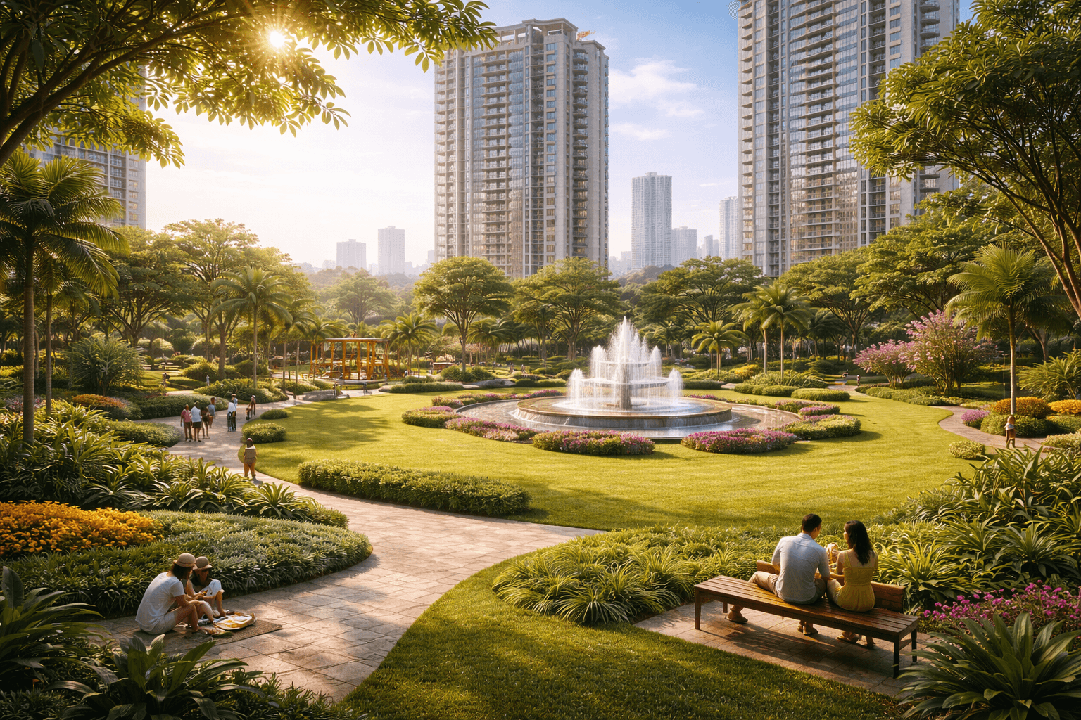 Landscaped green gardens in Sector 88 Gurugram with walking paths and open recreational areas