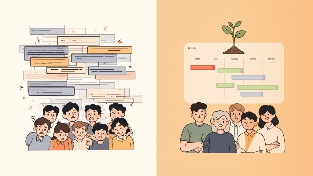 Illustration contrasting a confused team with message chaos versus an organized team with a clear schedule.