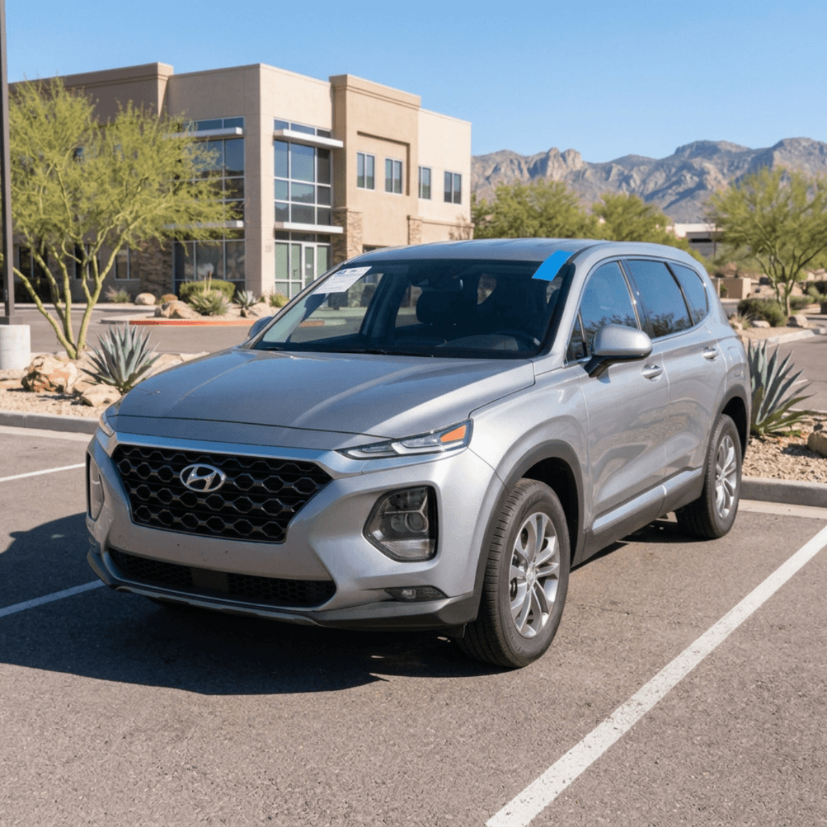 Silver Hyundai Santa Fe SUV with a brand new windshield at a Prescott, AZ parking area surrounded by desert plants