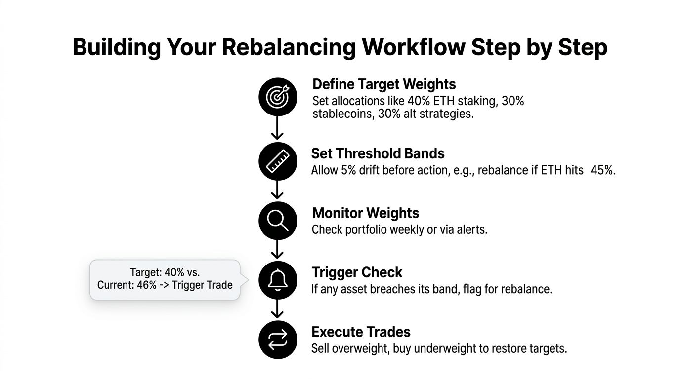 A step by step flowchart explaining the process of portfolio rebalancing and executing trades in cryptocurrency.