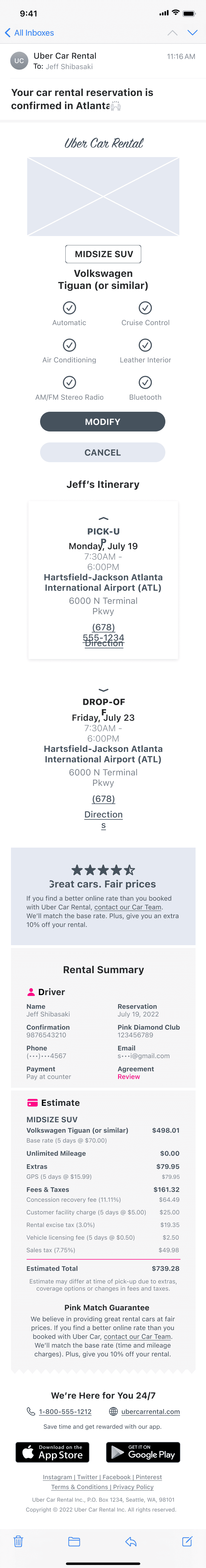 Second draft of the personalized car rental confirmation email