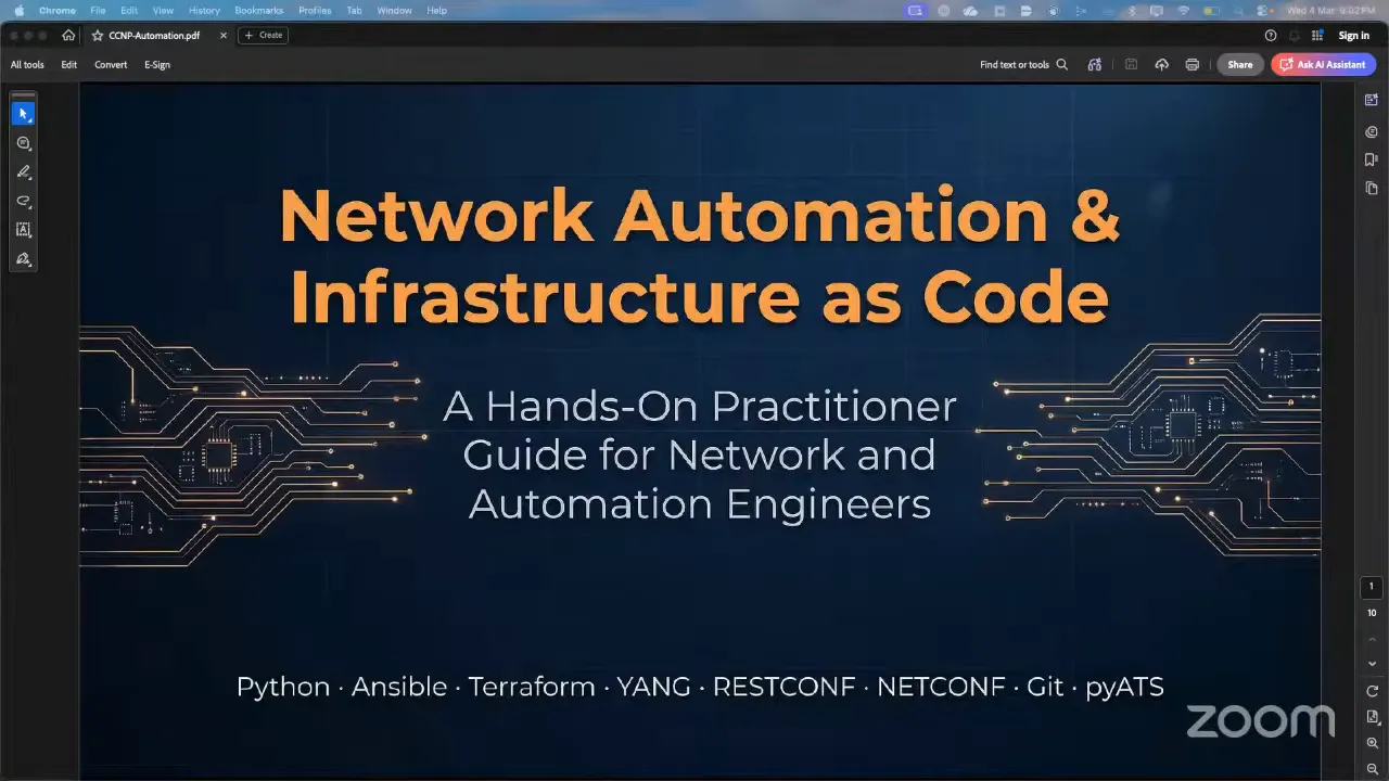 Network Automation & Infrastructure as Code title slide with list of tools including Python, Ansible, Terraform, YANG, RESTCONF, NETCONF, Git, pyATS