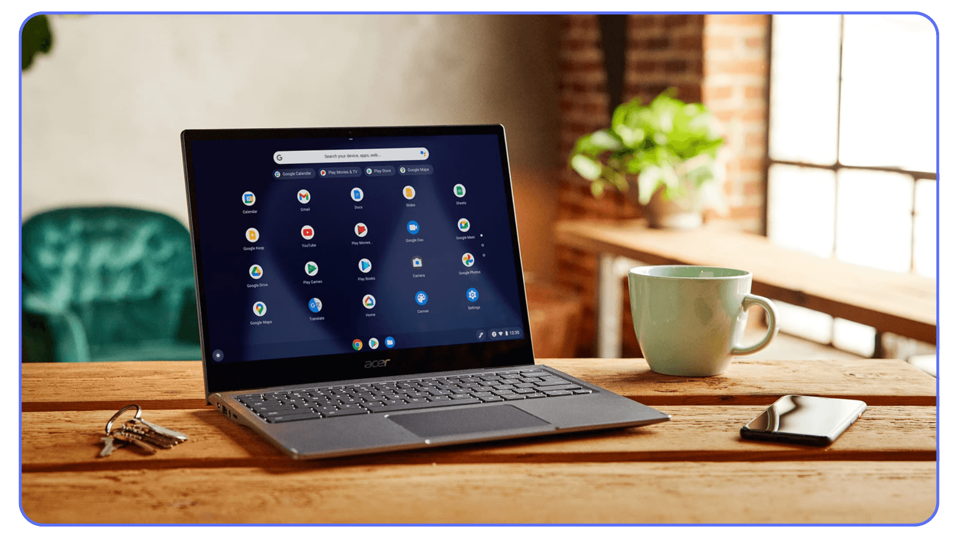 Chromebook on a wooden desk showing the Chrome OS app launcher in a casual workspace