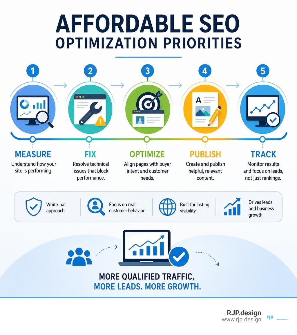 Affordable SEO optimization priorities: measure, fix, optimize, publish, track infographic
