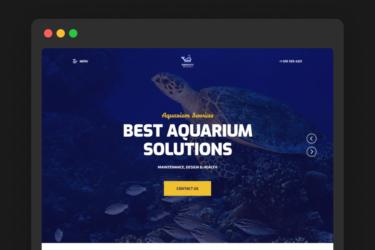 Aqualots WordPress theme homepage — dark blue aquarium services website with Best Aquarium Solutions headline and turtle imagery