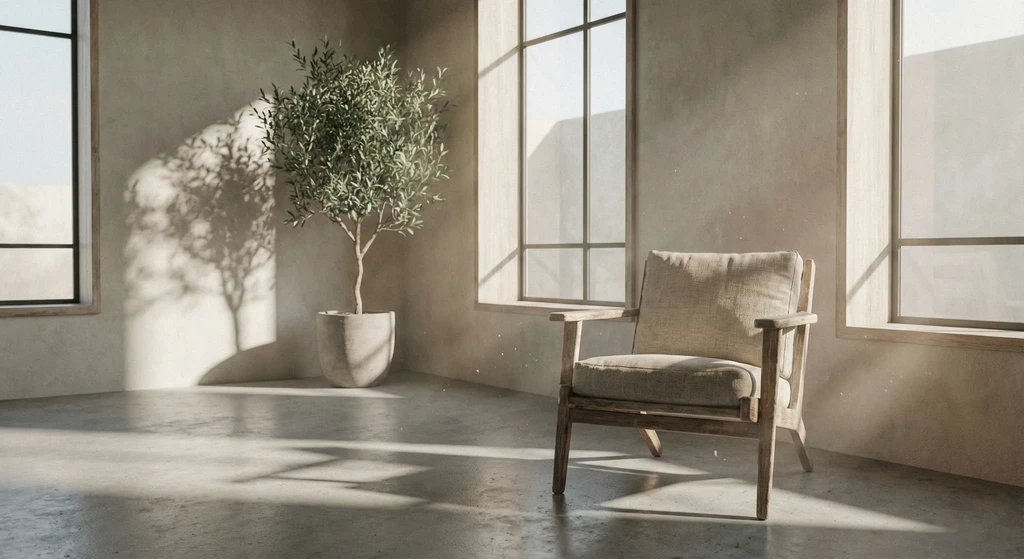 Interior perspective from corner of a sunlit room