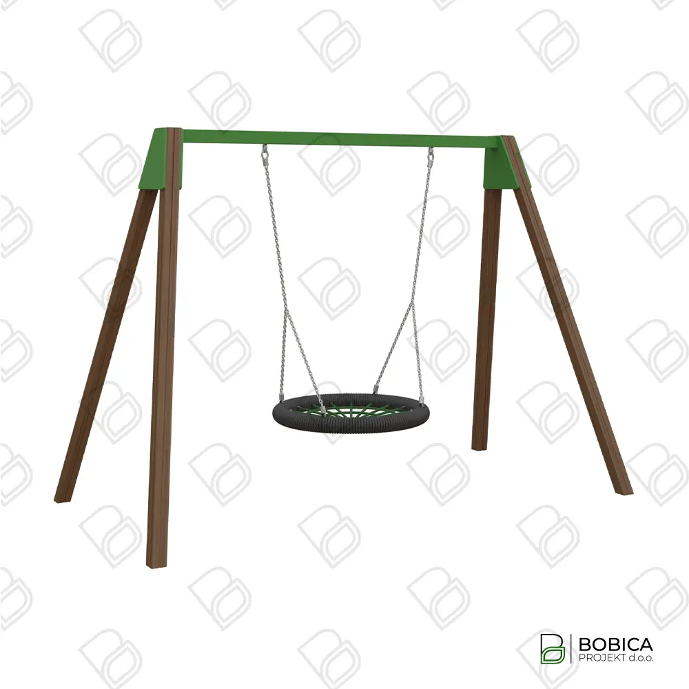 Drvena ljuljačka s velikom košarom za više djece i zelenom čeličnom gredom – prirodna oprema za igrališta – Bobica Projekt