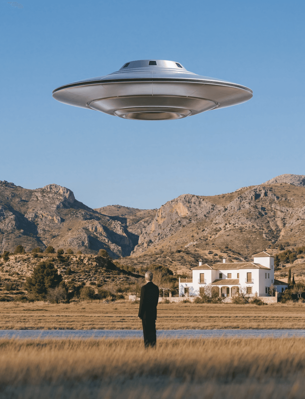 Flying saucer hovering above a rural landscape with a standing figure below.