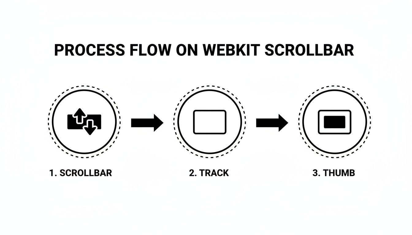 Process flow diagram illustrating WebKit scrollbar components: scrollbar icon, track, and thumb.