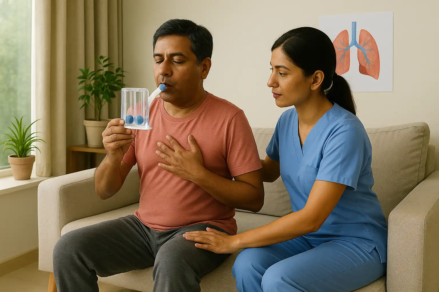 A physiotherapist assists a man performing breathing exercises with a spirometer, placing a supportive hand on his back while he holds his chest.