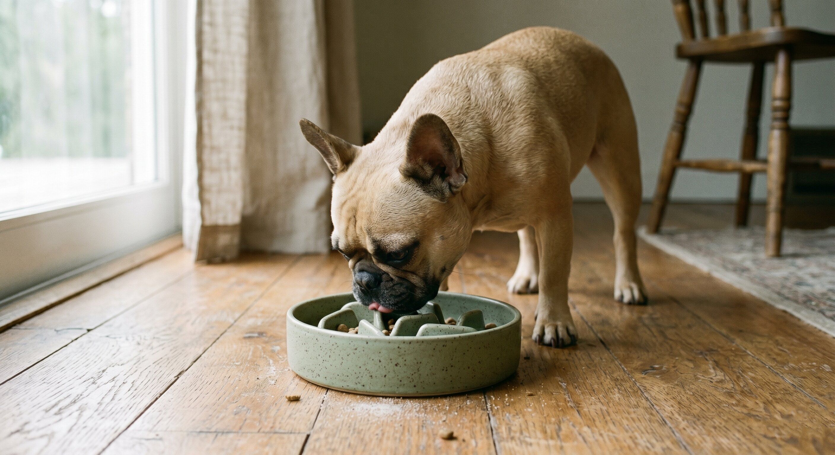 Brachycephalic small dog calmly eating from a slow-feeder bowl on a wooden floor in soft daylight — illustrating slow feeders as practical management, not a mechanism-proven intervention.