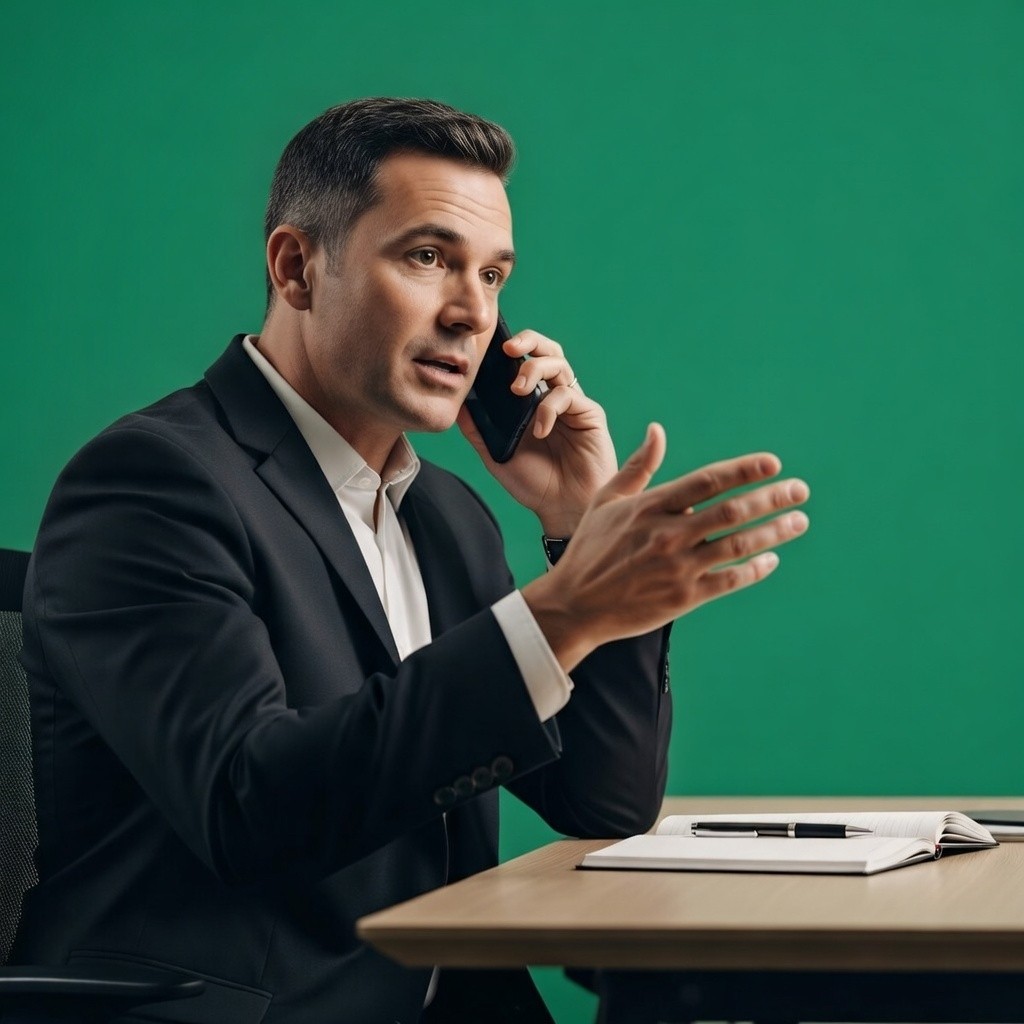 Man in a suit talking on the phone while gesturing at a desk