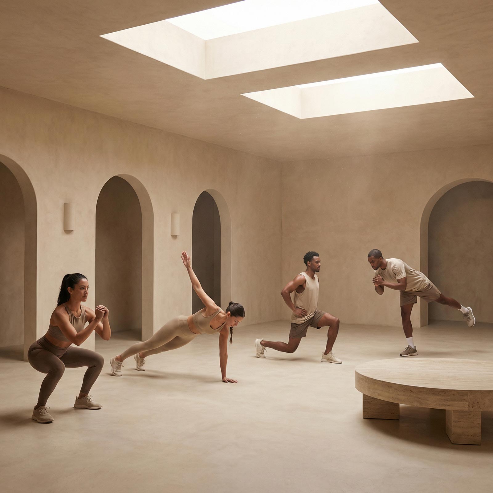 Gruppo di persone che si allenano a corpo libero in una boutique gym minimal con pavimento effetto travertino.