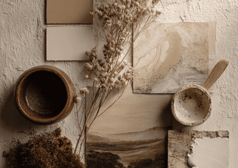 Scenery showing natural materials, papers, herbs, coffe in the mug