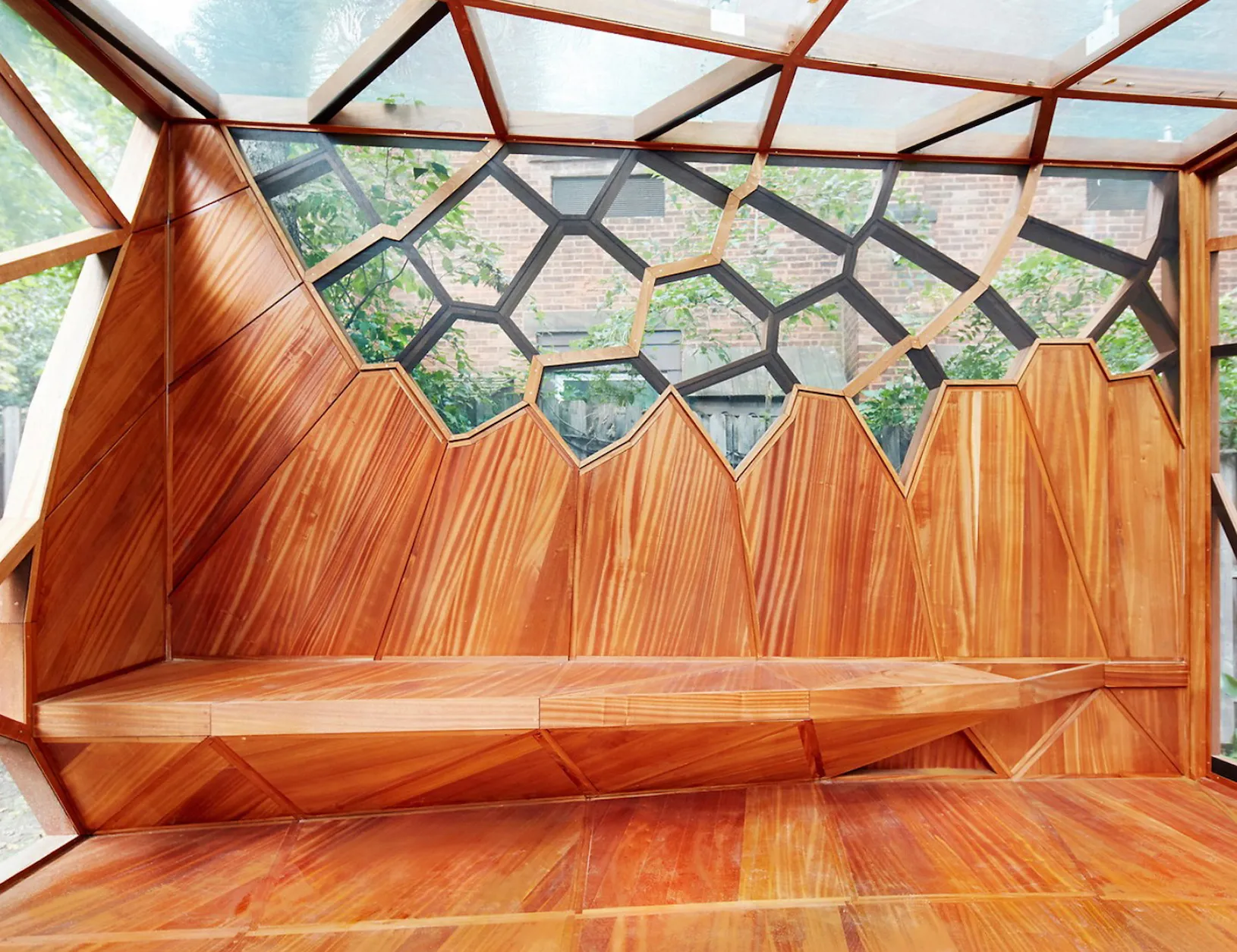 Firefly composition wood joinery bench and faceted skylights