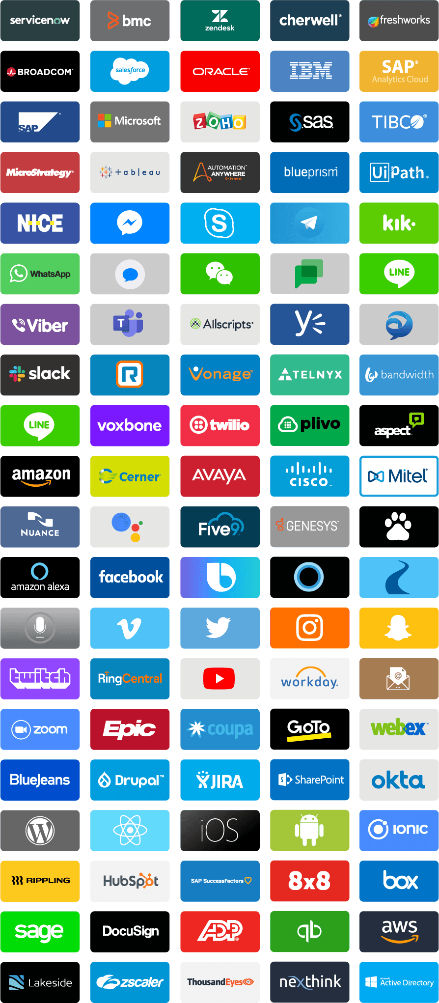 Logos of Avaamo integrations including ServiceNow, Salesforce, Microsoft, Epic, Genesys, Five9, Zoom, Slack, Workday and Okta