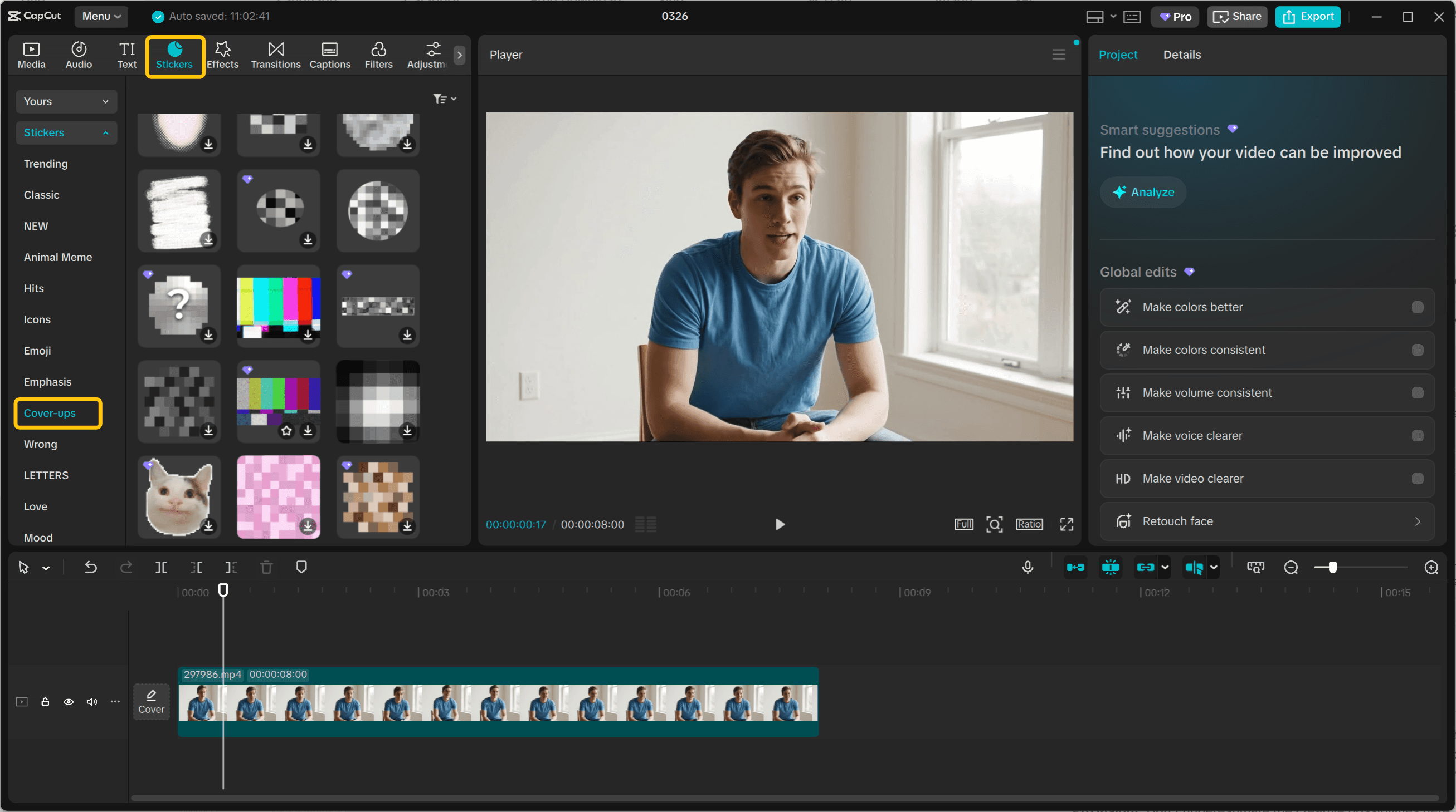 Find cover-up stickers in CapCut
