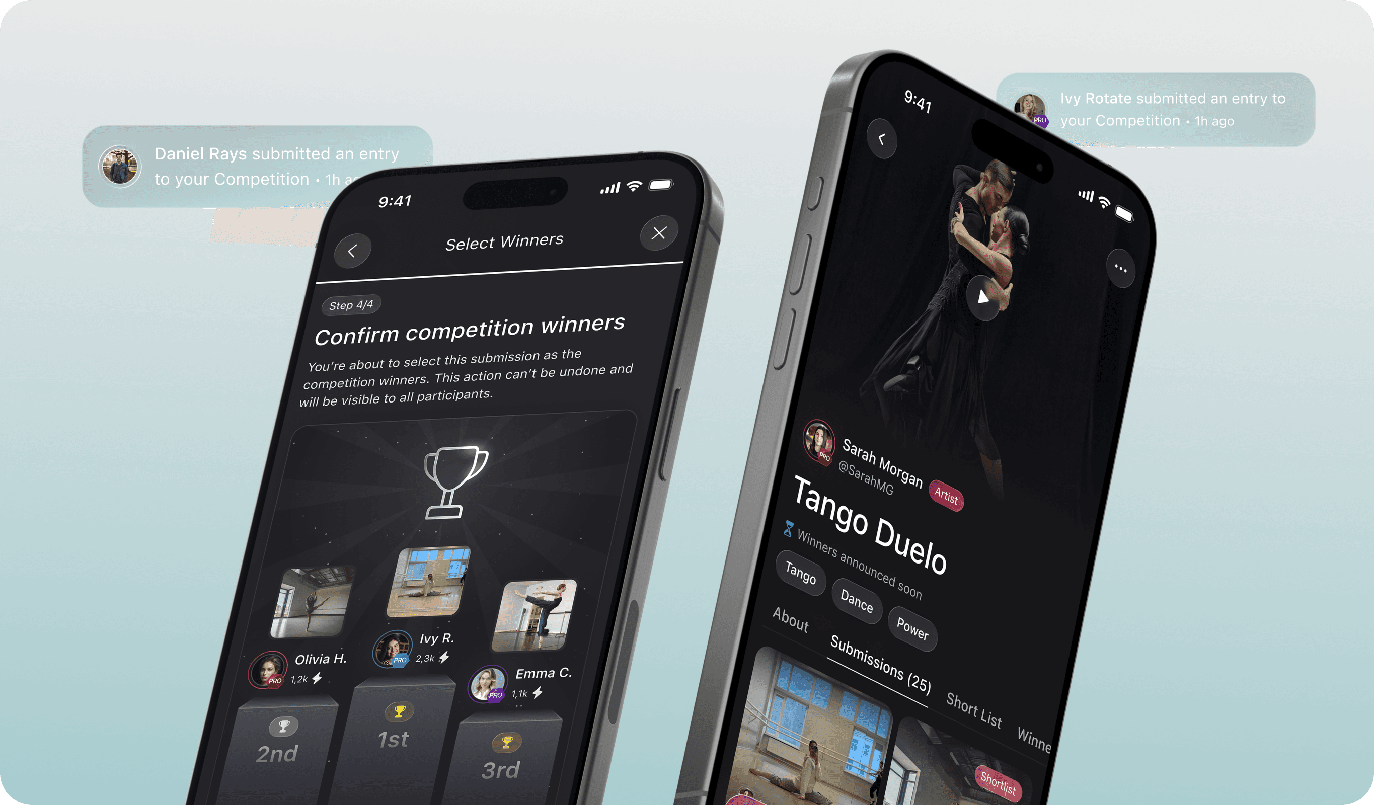 Qoria competition winner selection and tango contest screens on smartphones.