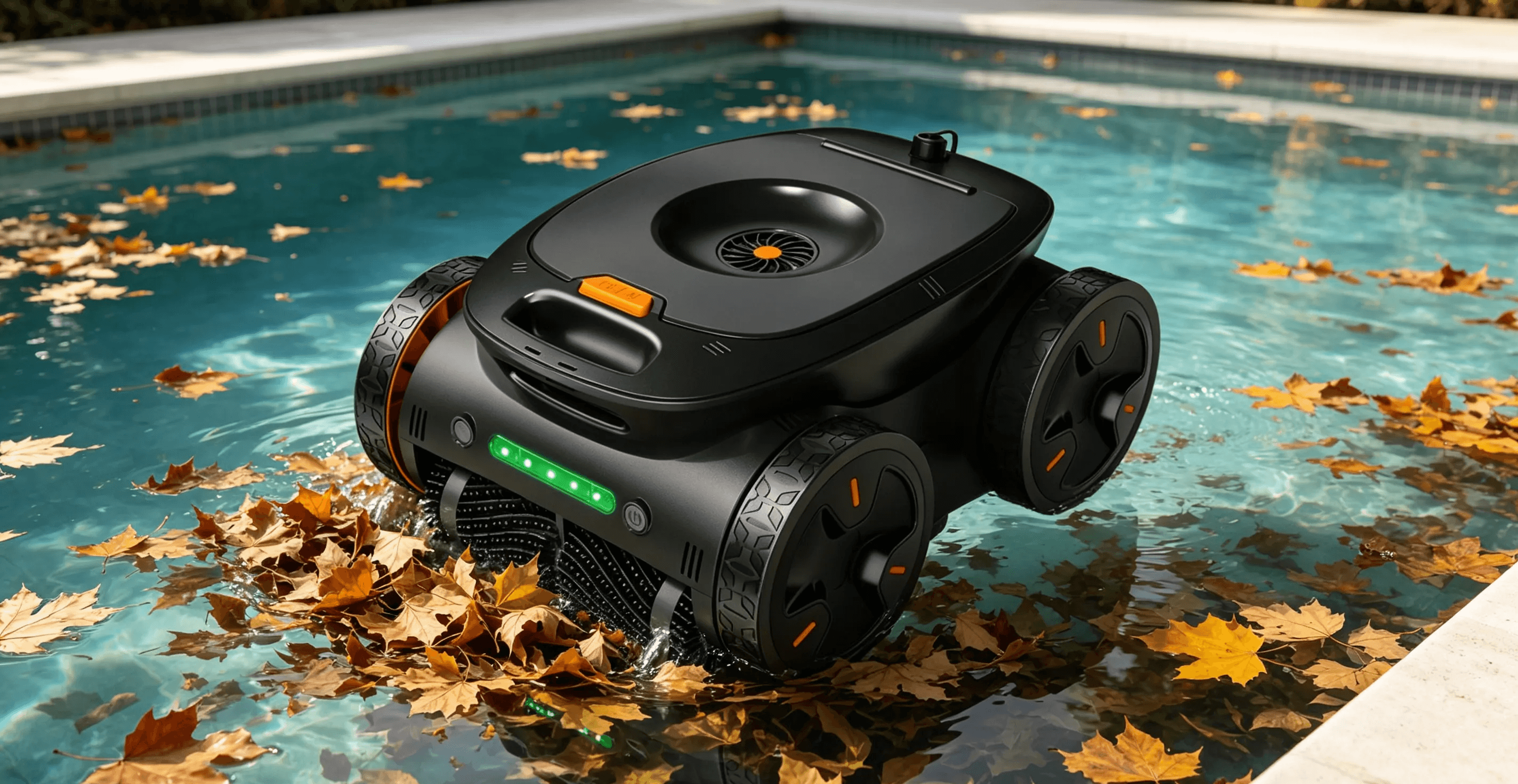 Robotic pool cleaner removing leaves from a swimming pool