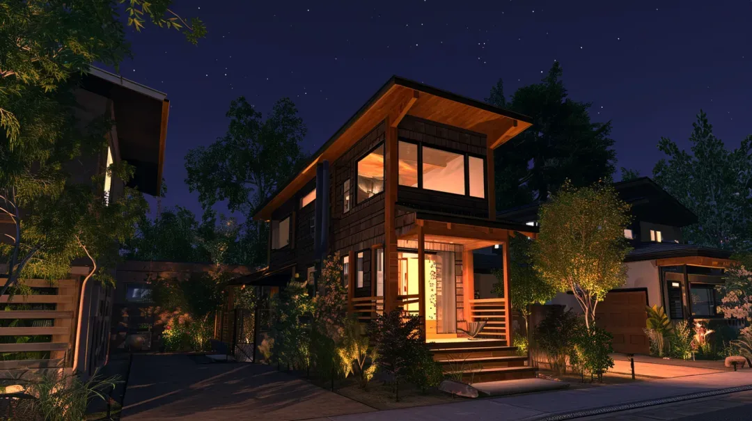 Modern wood home with warm lighting at night surrounded by landscaped trees and illuminated pathways