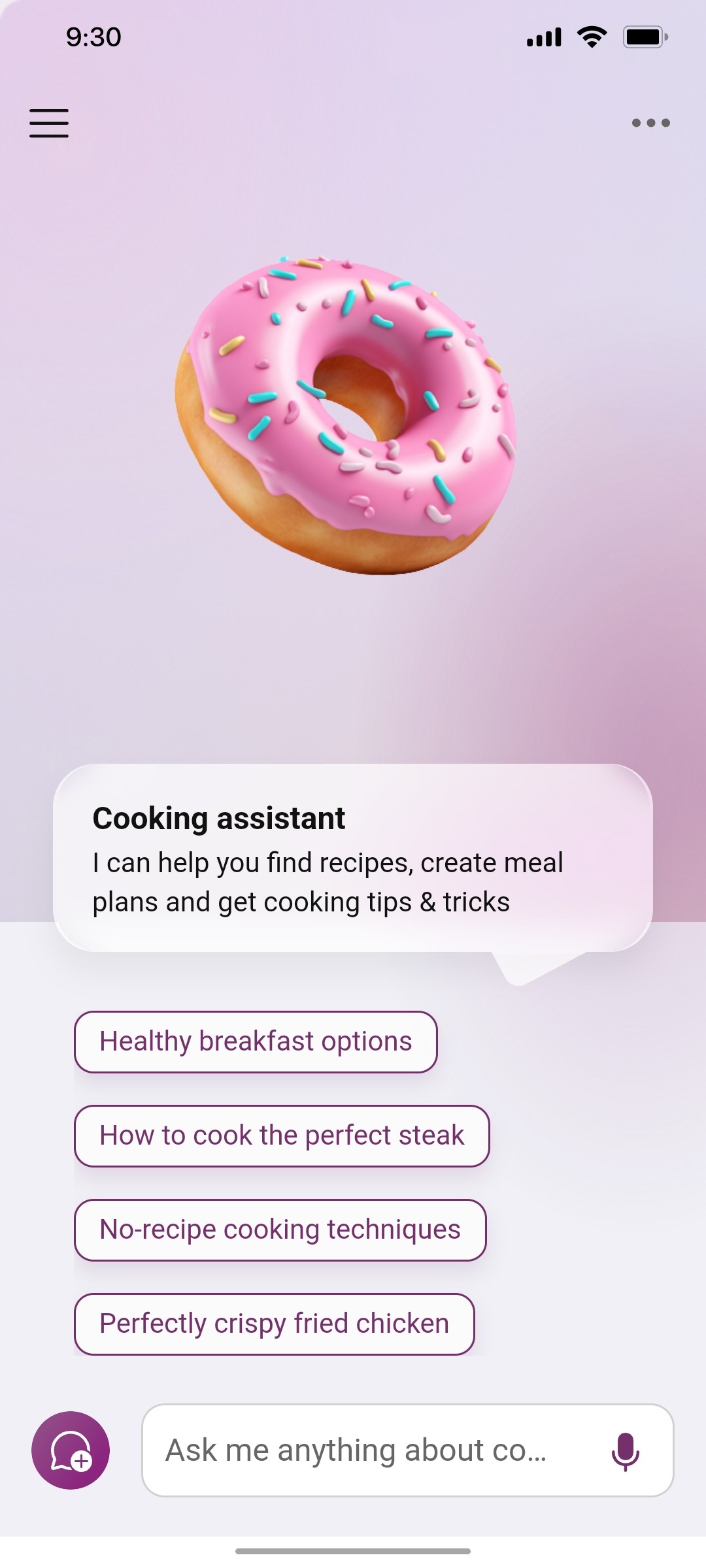Microsoft copilot Cooking Assistant home screen