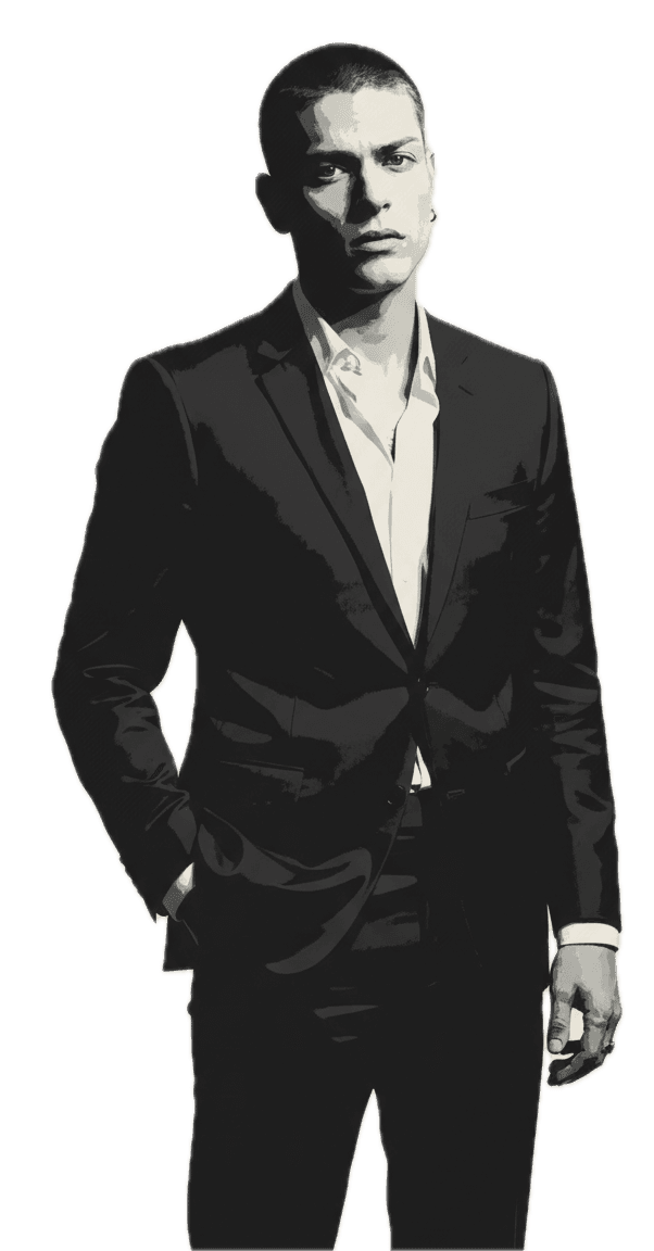 Black and white portrait of a man wearing a tailored suit, standing confidently with one hand in his pocket against a bold typographic background.