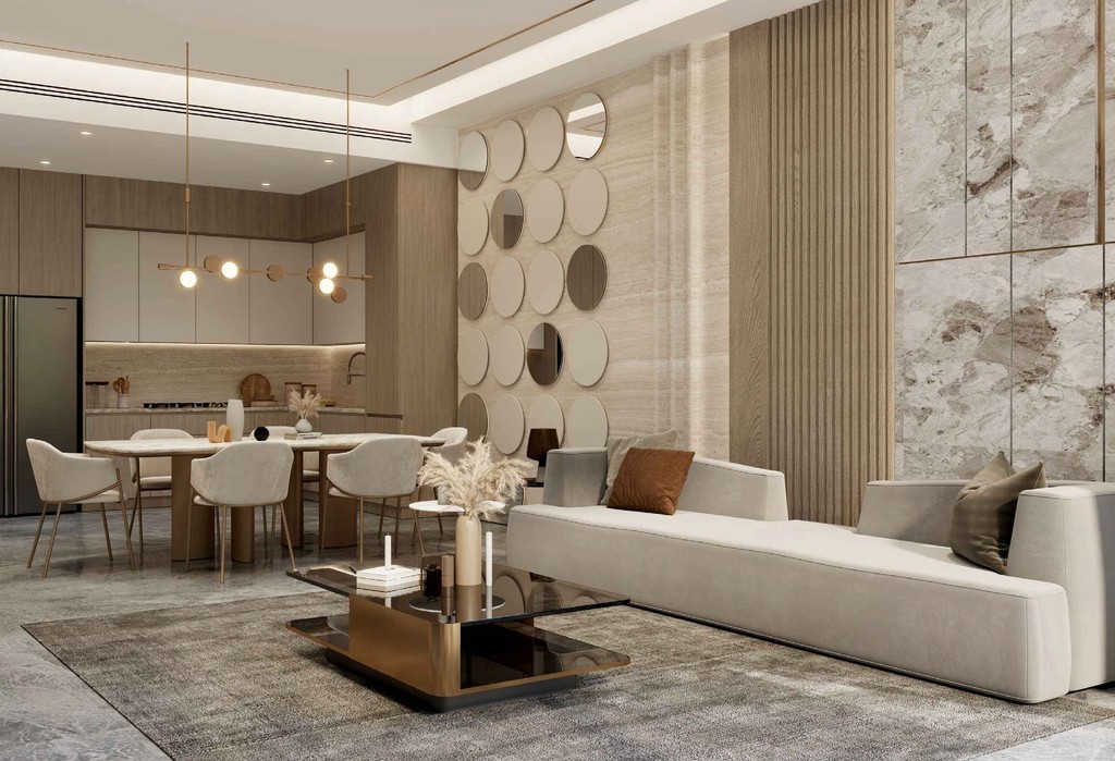 A modern living room featuring a large marble wall, designed with elegance and sophistication, named Ocean Crest.