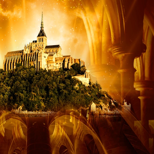 森林山顶上的城堡，在金色的天空下，哥特式的拱门构成了一幅美景。