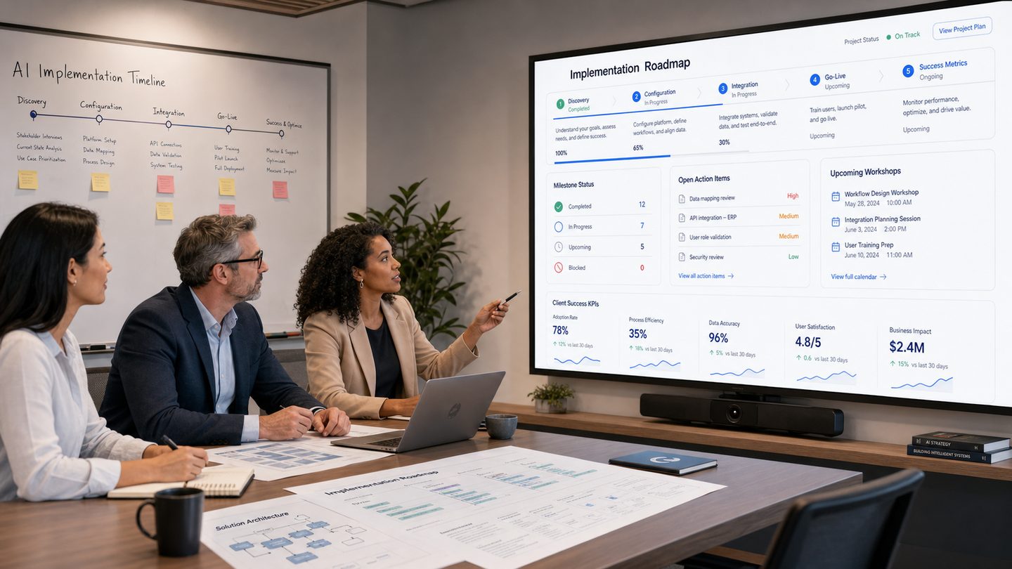 Beraterinnen und Berater besprechen eine Implementierungs-Roadmap — ACCELERAID Professional Services