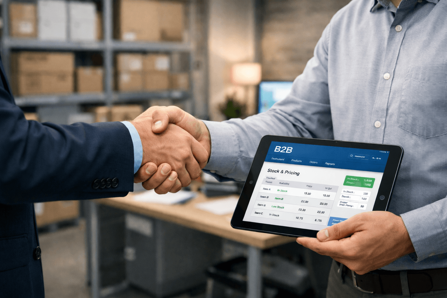 Comprador e vendedor apertando as mãos em ambiente corporativo B2B, com tablet exibindo portal de pedidos com estoque e preços atualizados, representando parceria comercial, confiança e operação moderna entre distribuidor e cliente.