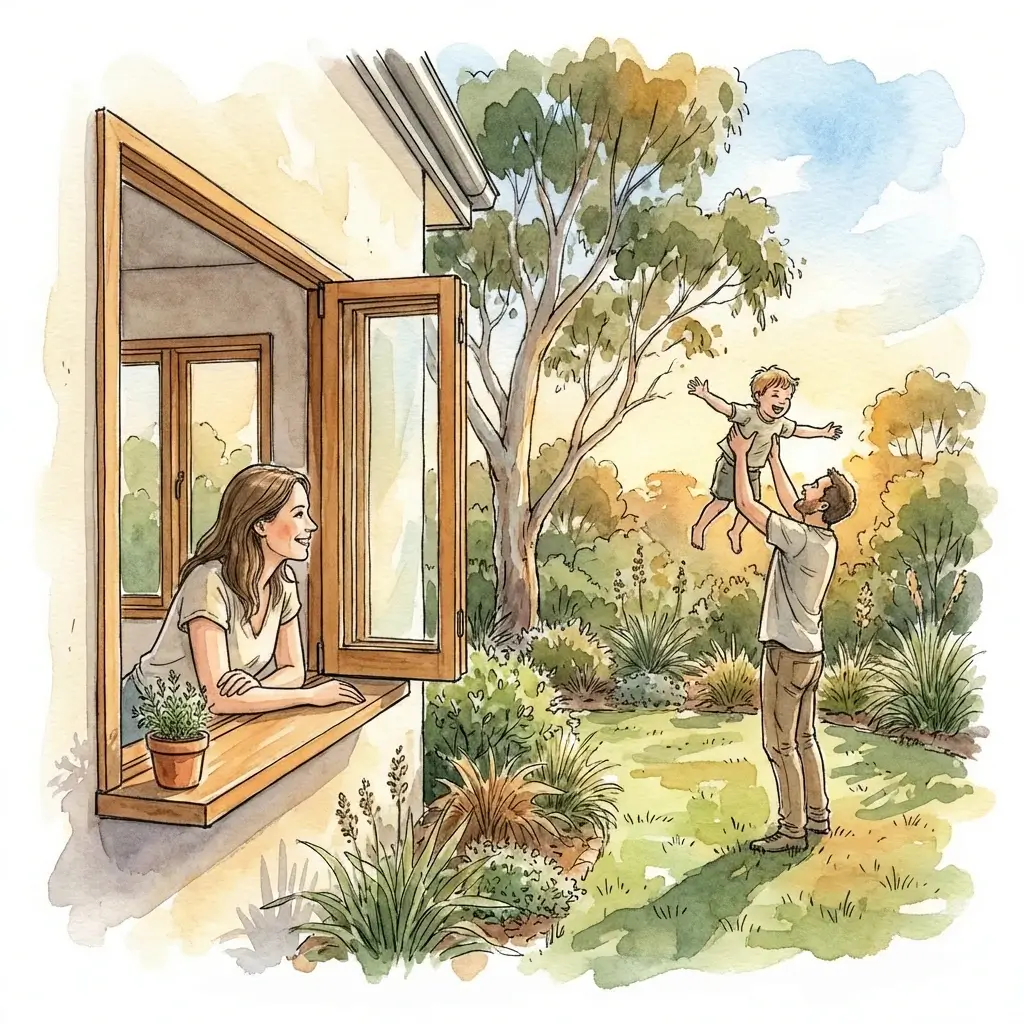 Beautiful watercolour image as an icon for the idea of health. There's a family playing outside in the garden. The dad is throwing their kid up into the air, and the mother is looking through a beautiful hempcrete block house. 