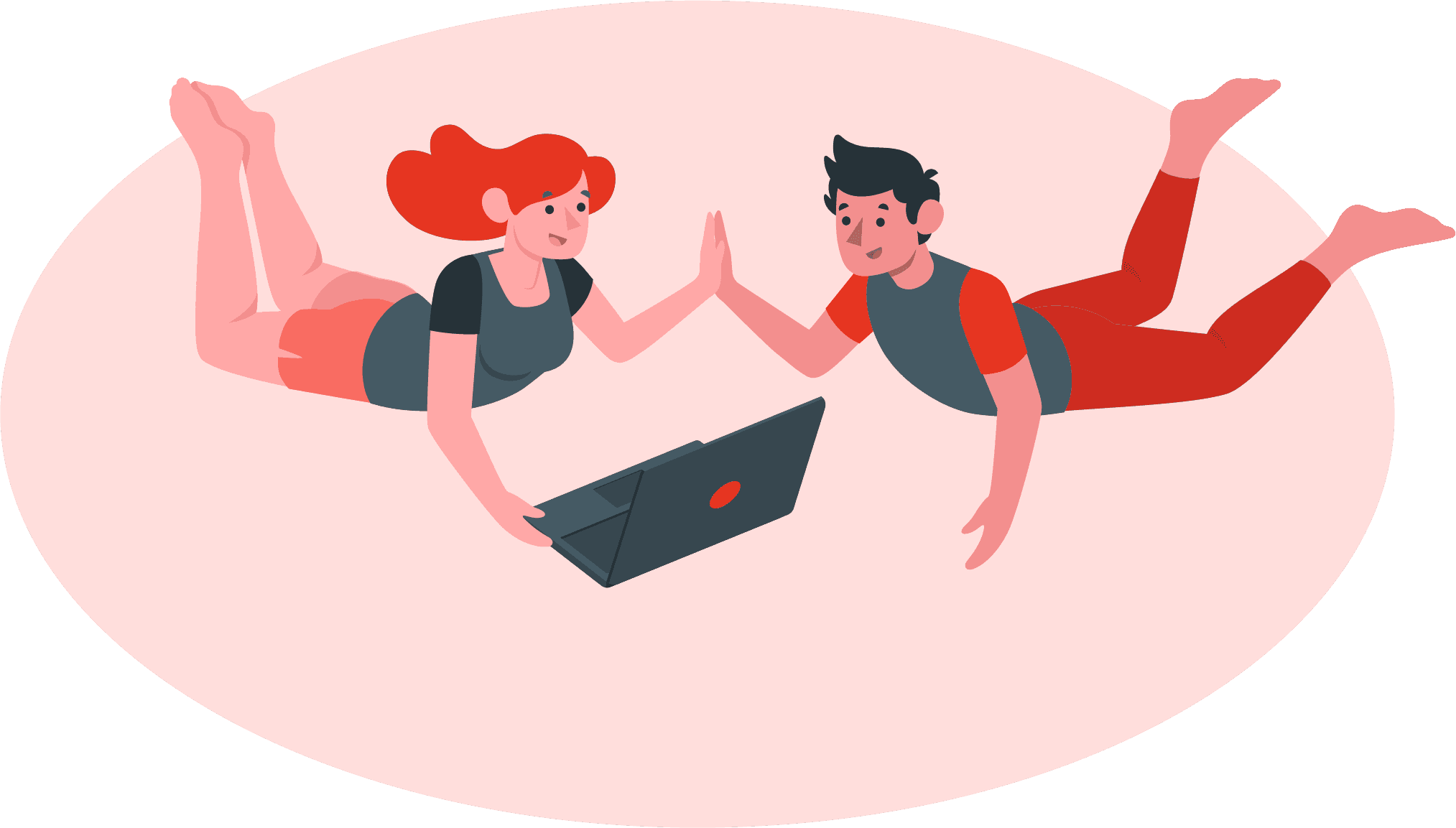 Graphic of two people high fiving while looking at a laptop