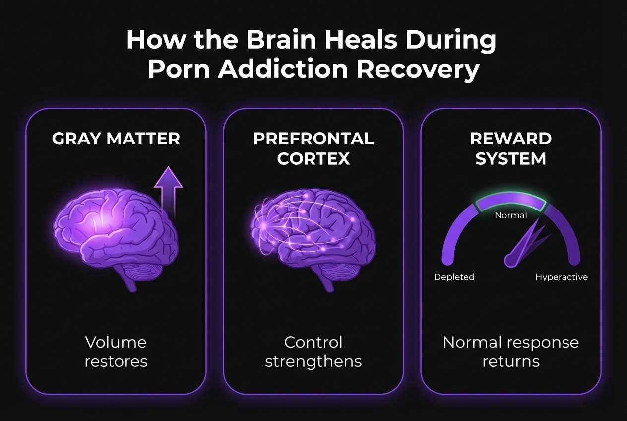 Three areas of brain healing during porn addiction recovery: gray matter volume restores, prefrontal cortex control strengthens, and reward system sensitivity returns to normal