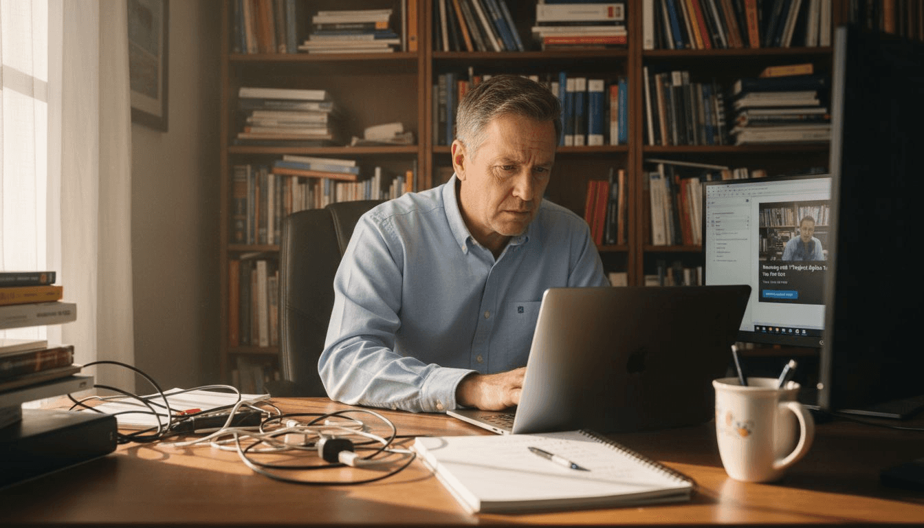 Man preparing video conferencing setup in home office
