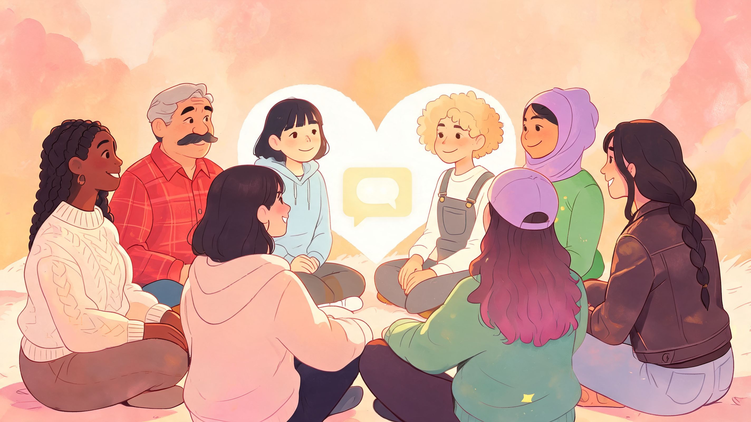 A diverse group of people sitting in a circle, engaged in friendly conversation about team communication.