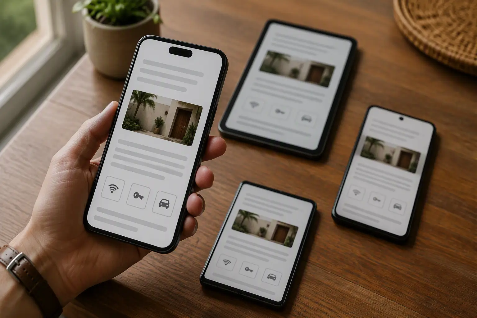 A hand holding a phone at a tilted reading angle showing a guidebook article with placeholder text, with three other screens of different sizes lying separately face-up on the table below, each repeating the same header-