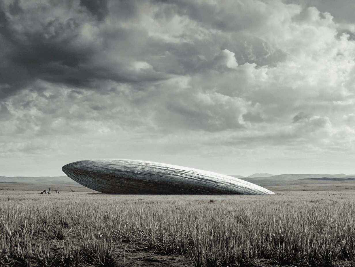 A smooth, elliptical alien craft lies motionless in the middle of a vast, dry grassland under a dramatic cloud-filled sky, evoking a sense of calm before first contact.