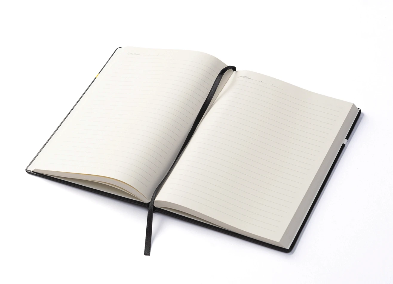 Open notebook showing lined pages and black ribbon bookmark.