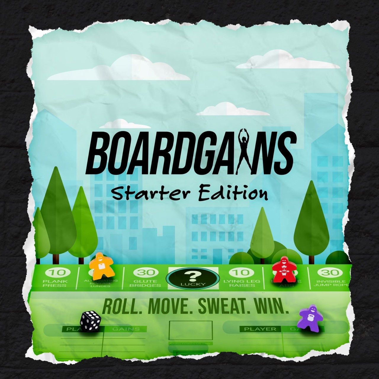 BoardGains packaging detail showing the illustrated game box and print layout.